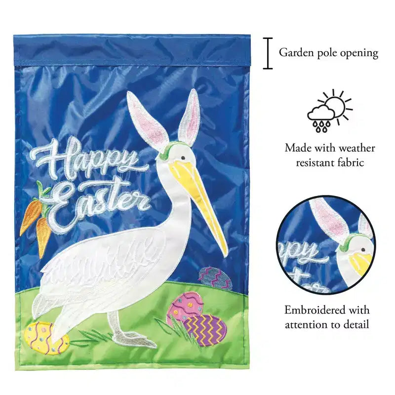 Drapeau de jardin en polyester à motif d'oreilles de lapin avec pélican joyeux de Pâques de Magnolia Garden