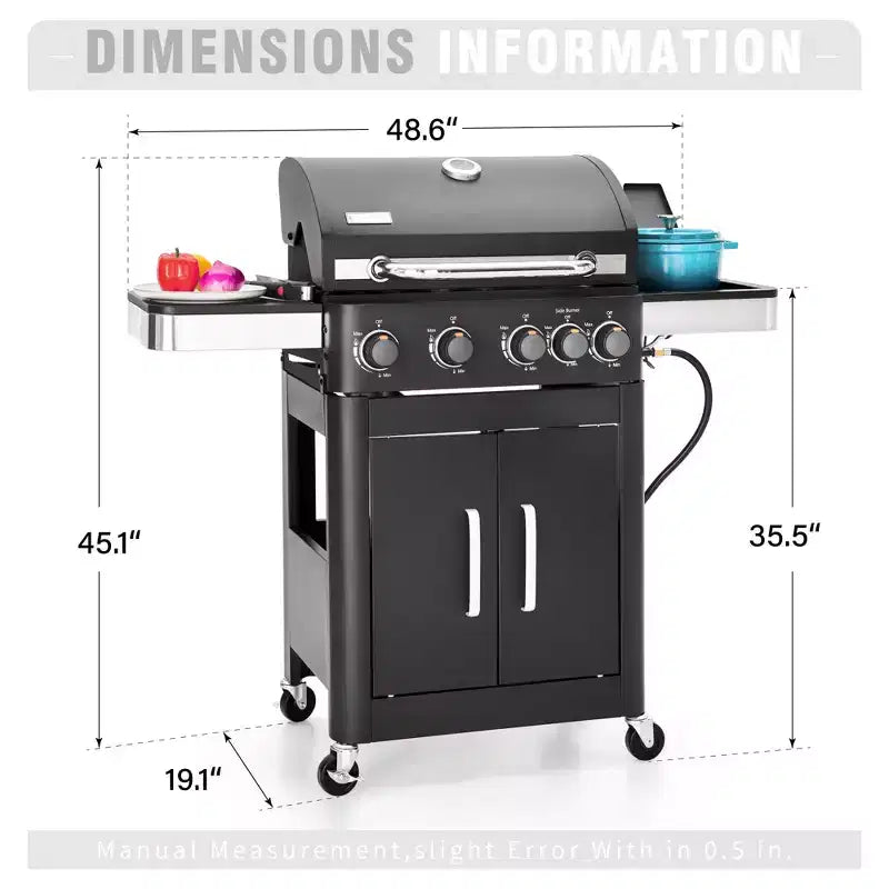 Barbecue à gaz propane 4 feux avec brûleurs latéraux et grille de cuisson en fonte émaillée