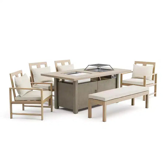 Greemotion 6pc Bordeaux Outdoor Patio Firepit Dining Set with Cooler Insert Brown