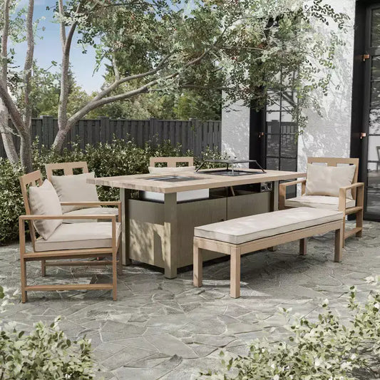 Table et chaises de salle à manger avec cheminée de patio extérieur, avec glacière, marron