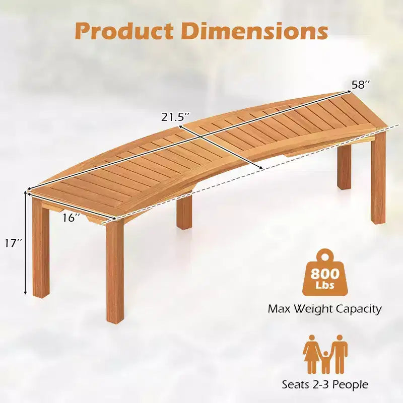 Banc extérieur courbé, en bois d'acacia massif, adapté aux terrasses.