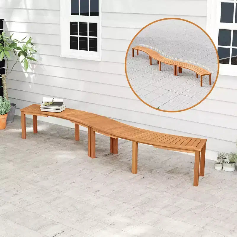 Banc extérieur courbé, en bois d'acacia massif, adapté aux terrasses.