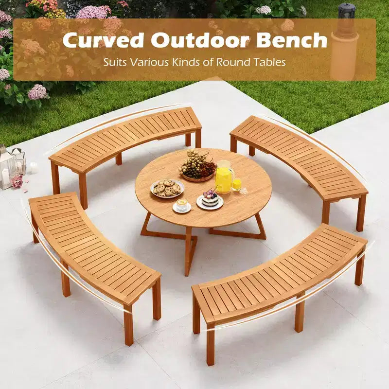 Banc extérieur courbé, en bois d'acacia massif, adapté aux terrasses.