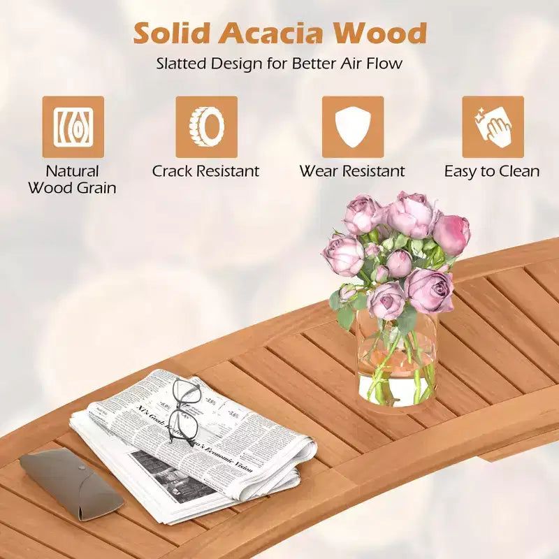 Banc extérieur courbé, en bois d'acacia massif, adapté aux terrasses.