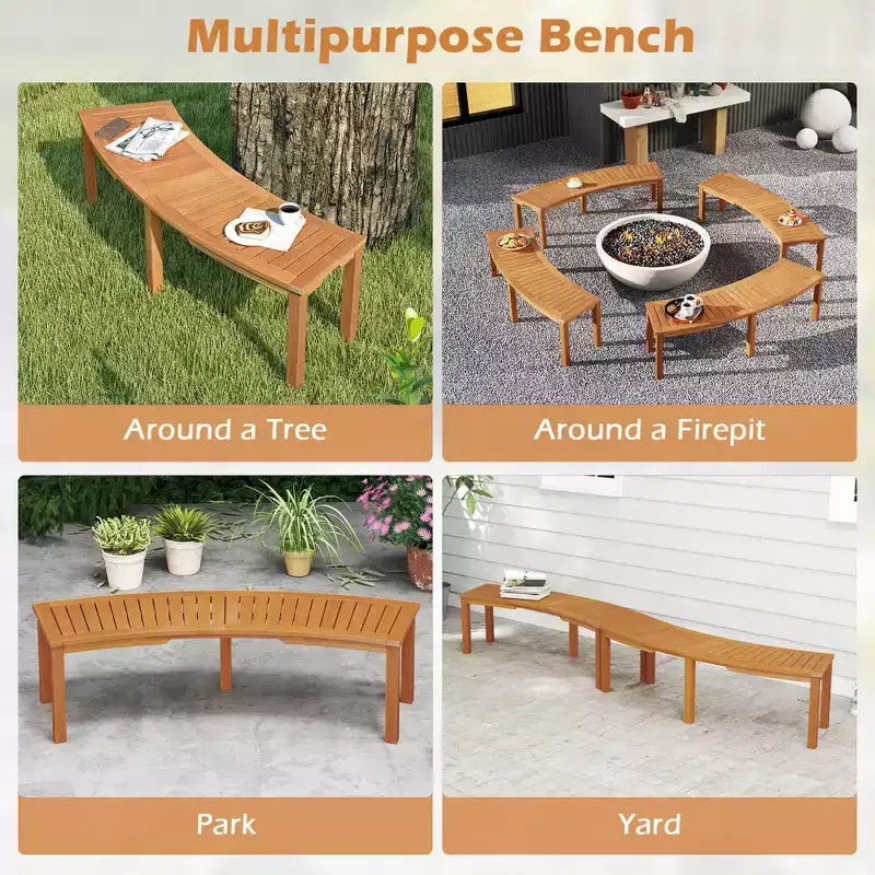 Banc extérieur courbé, en bois d'acacia massif, adapté aux terrasses.