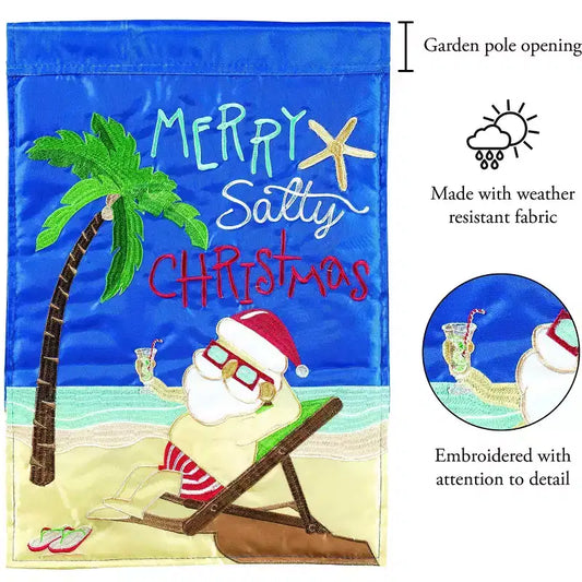 Drapeau de jardin extérieur suspendu en polyester "Père Noël à la plage", bleu, rouge et beige
