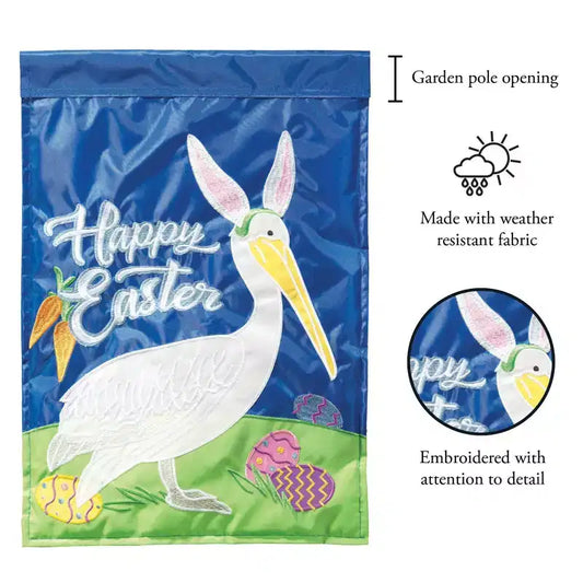 Drapeau de jardin en polyester à motif d'oreilles de lapin avec pélican joyeux de Pâques de Magnolia Garden