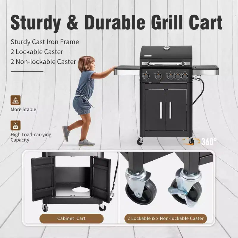 Barbecue à gaz propane 4 feux avec brûleurs latéraux et grille de cuisson en fonte émaillée