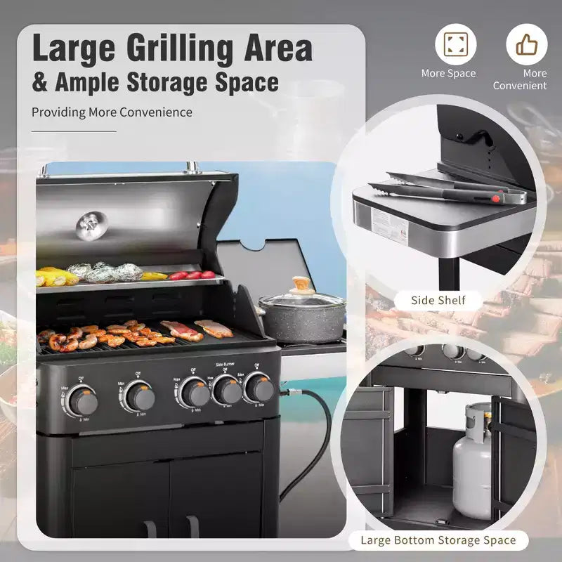 Barbecue à gaz propane 4 feux avec brûleurs latéraux et grille de cuisson en fonte émaillée