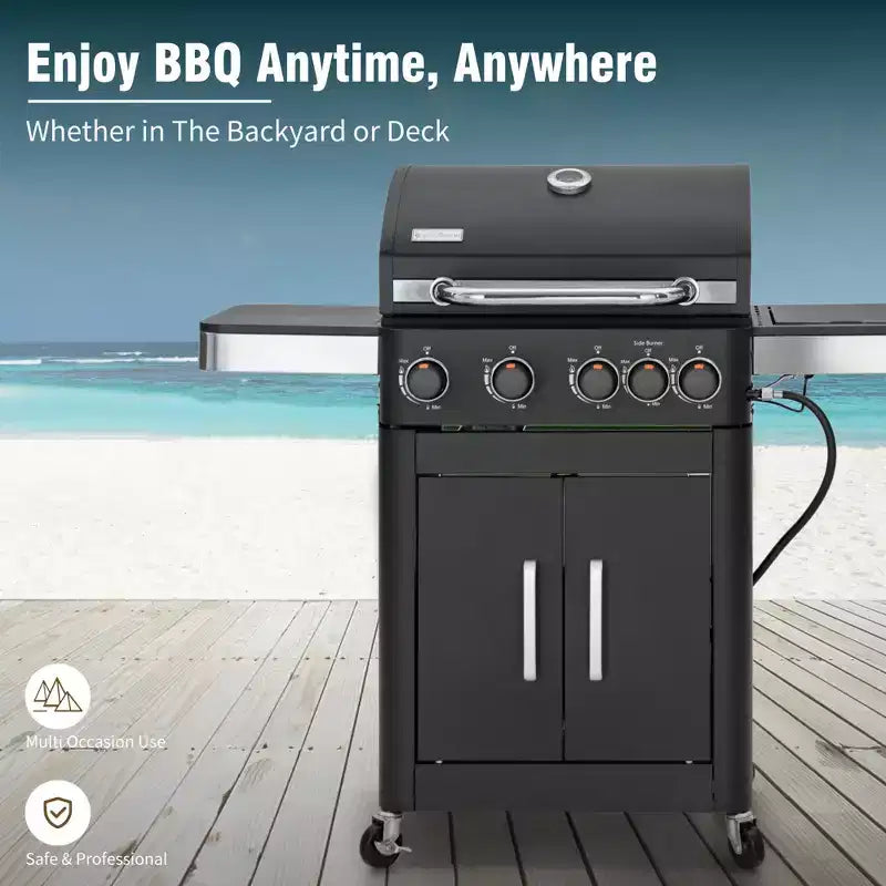 Barbecue à gaz propane 4 feux avec brûleurs latéraux et grille de cuisson en fonte émaillée