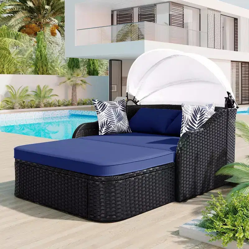 Chaise longue double moderne en rotin PE avec auvent réglable, coussins et oreillers