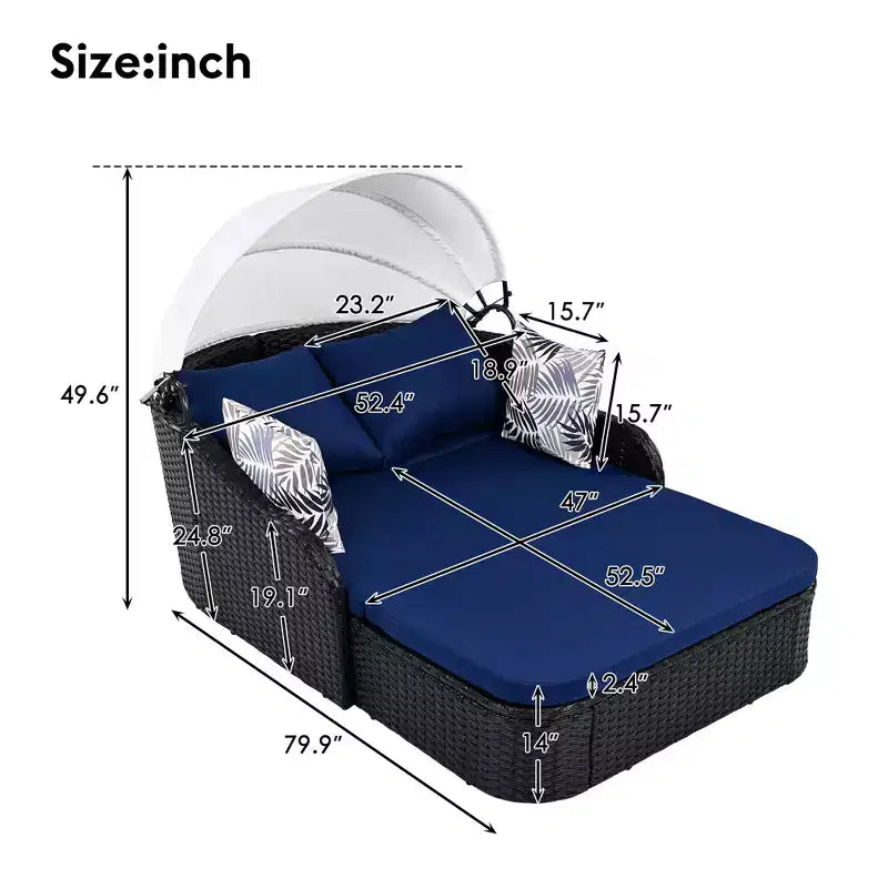 Chaise longue double moderne en rotin PE avec auvent réglable, coussins et oreillers