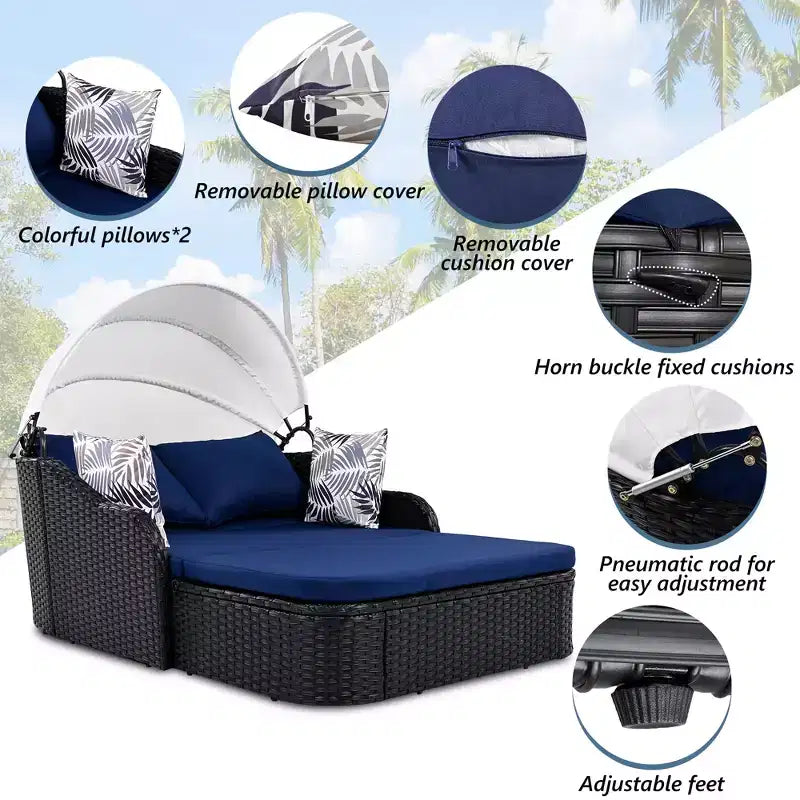 Chaise longue double moderne en rotin PE avec auvent réglable, coussins et oreillers