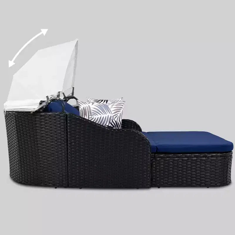 Chaise longue double moderne en rotin PE avec auvent réglable, coussins et oreillers