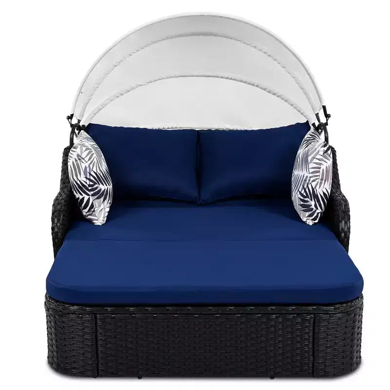 Chaise longue double moderne en rotin PE avec auvent réglable, coussins et oreillers