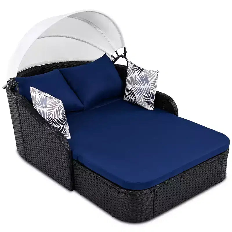 Chaise longue double moderne en rotin PE avec auvent réglable, coussins et oreillers