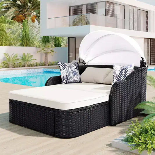 Chaise longue double moderne en rotin PE avec auvent réglable, coussins et oreillers