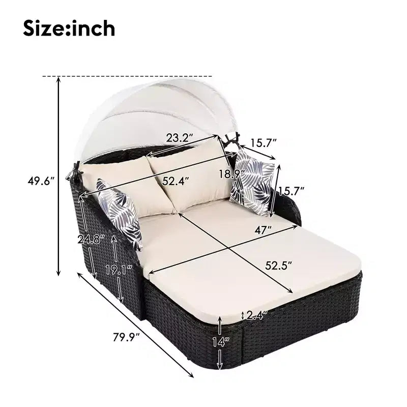Chaise longue double moderne en rotin PE avec auvent réglable, coussins et oreillers