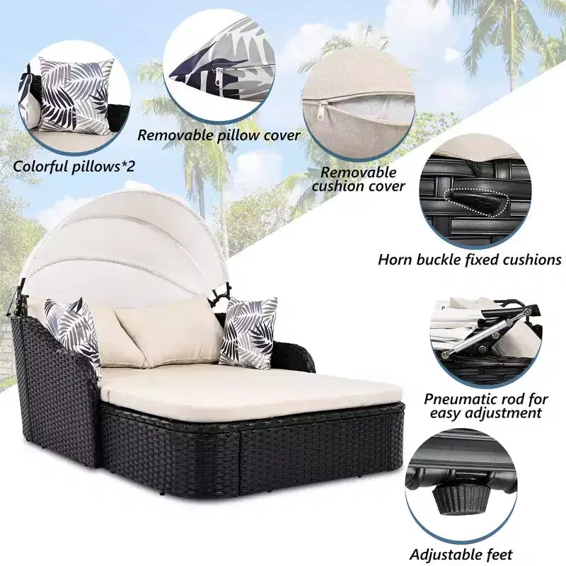 Chaise longue double moderne en rotin PE avec auvent réglable, coussins et oreillers