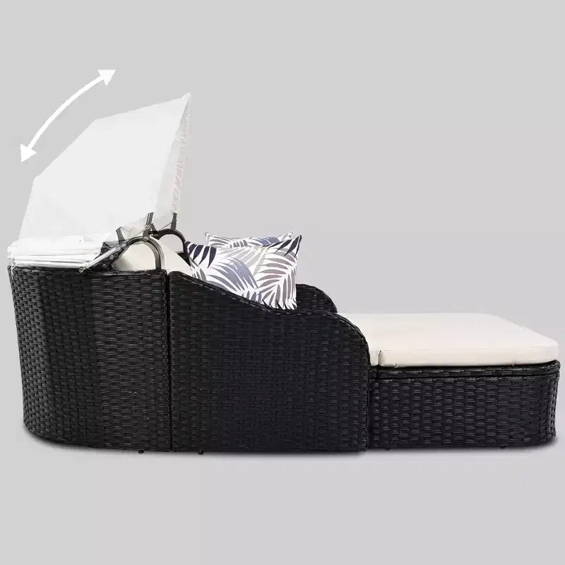Chaise longue double moderne en rotin PE avec auvent réglable, coussins et oreillers