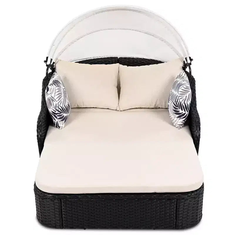 Chaise longue double moderne en rotin PE avec auvent réglable, coussins et oreillers