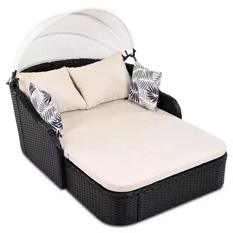 Chaise longue double moderne en rotin PE avec auvent réglable, coussins et oreillers