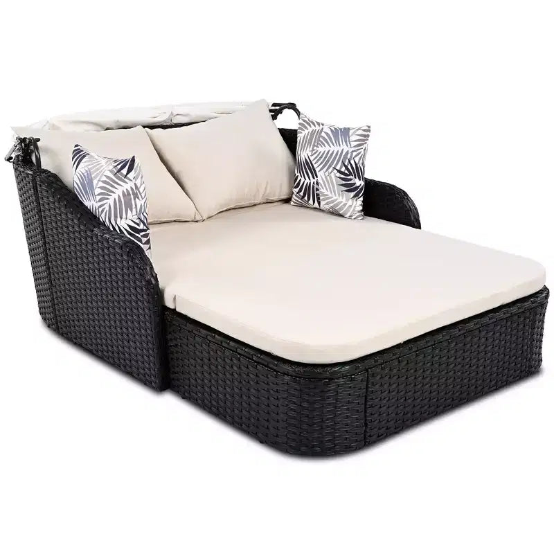 Chaise longue double moderne en rotin PE avec auvent réglable, coussins et oreillers
