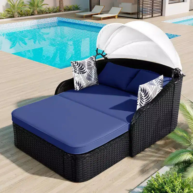 Chaise longue double moderne en rotin PE avec auvent réglable, coussins et oreillers