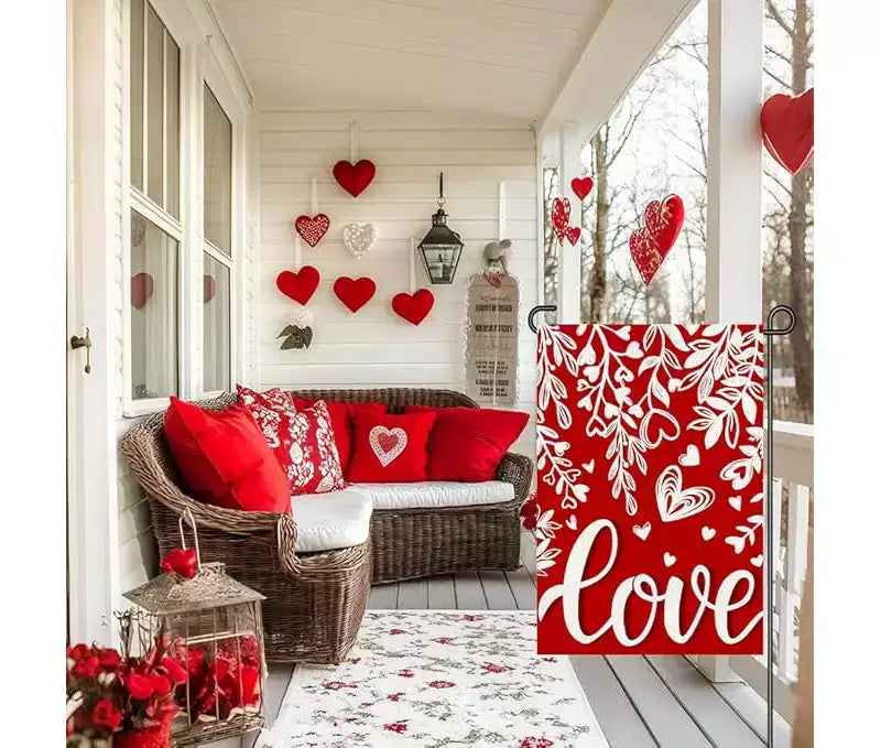 Drapeau de jardin blanc en forme de cœur avec motifs floraux