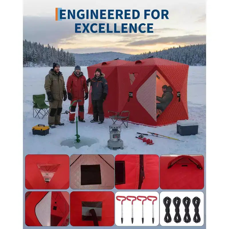 Tente de pêche sur glace pop-up, Abri de pêche sur glace isolé et coupe-vent avec tissu 3 couches et ancres, cordes, Tente portable de style moyeu pour la pêche hivernale