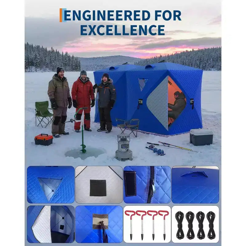 Tente de pêche sur glace pop-up, Abri de pêche sur glace isolé et coupe-vent avec tissu 3 couches et ancres, cordes, Tente portable de style moyeu pour la pêche hivernale