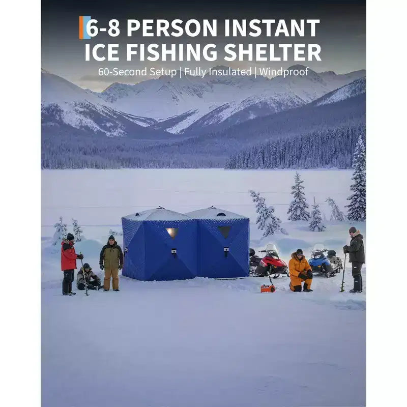 Tente de pêche sur glace pop-up, Abri de pêche sur glace isolé et coupe-vent avec tissu 3 couches et ancres, cordes, Tente portable de style moyeu pour la pêche hivernale