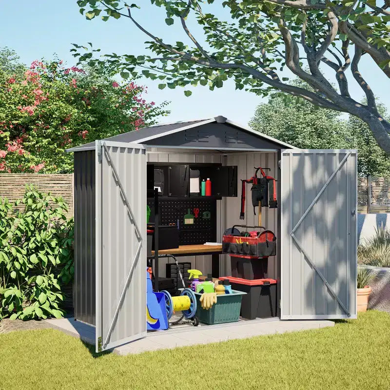Abri de jardin métallique avec porte verrouillable et ventilation, étanche, pour outils de jardin