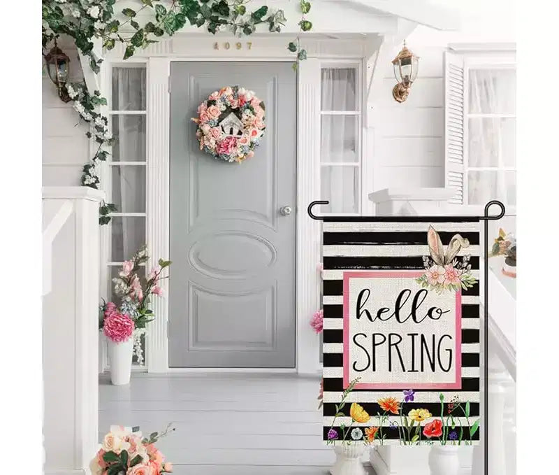 Bonjour les bannières de jardin de printemps Enseignes de fleurs saisonnières Bannières de bienvenue pour patio