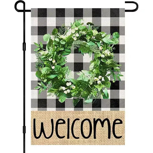 Lomsoe Welcome Spring Garden Flag Buffalo Plaid Wreath Seasonal Sign Welcome Yard Flag Spring Farmhouse Holiday Outdoor Decor Single Side 12x18Inch