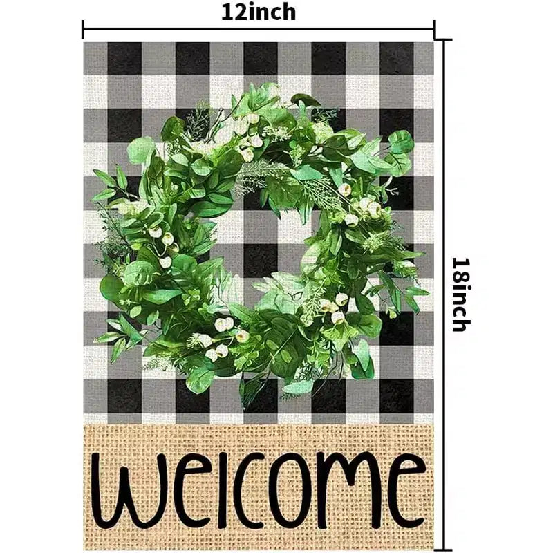 Bannières de bienvenue jardin de printemps, couronnes écossaises à carreaux, panneaux saisonniers