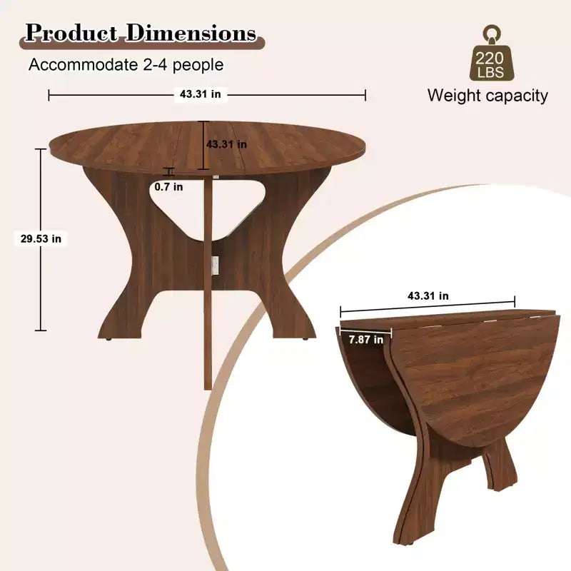 Table à manger pliable de 43 pouces en placage de chêne sauvage