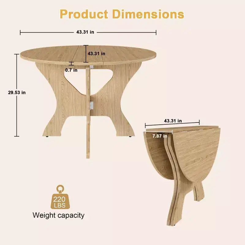 Table à manger pliable de 43 pouces en placage de chêne sauvage