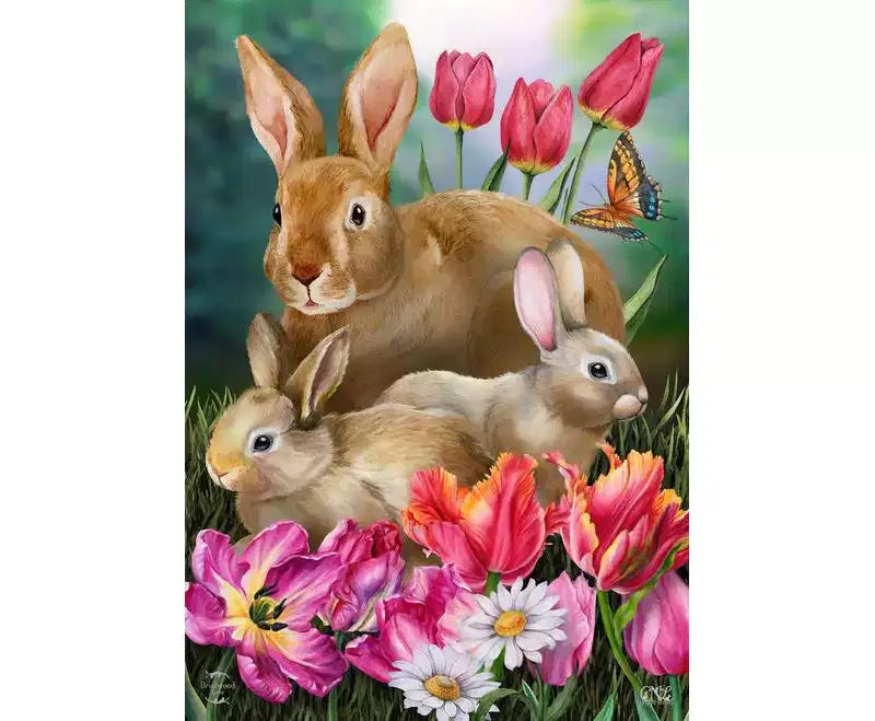 Drapeau de maison de printemps familial pour lapins d'extérieur