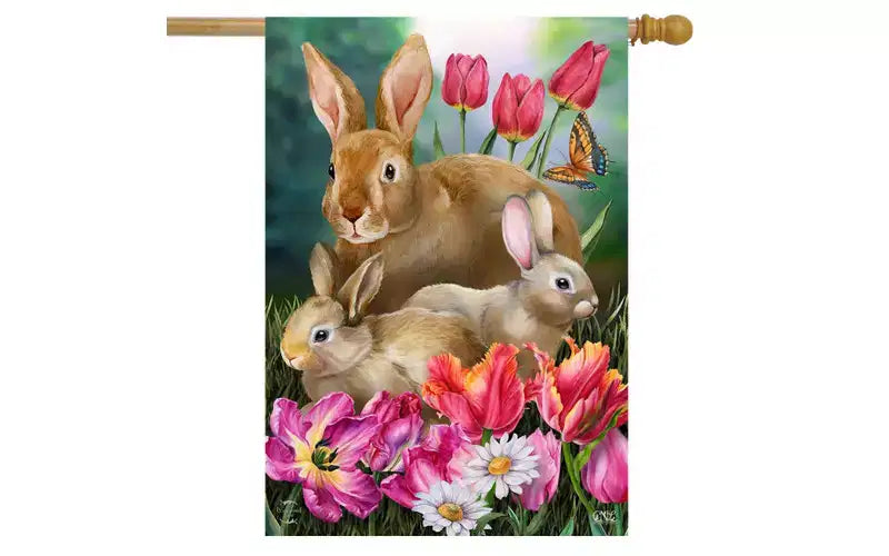 Drapeau de maison de printemps familial pour lapins d'extérieur