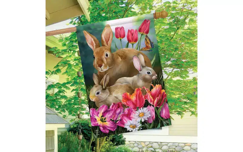 Drapeau de maison de printemps familial pour lapins d'extérieur