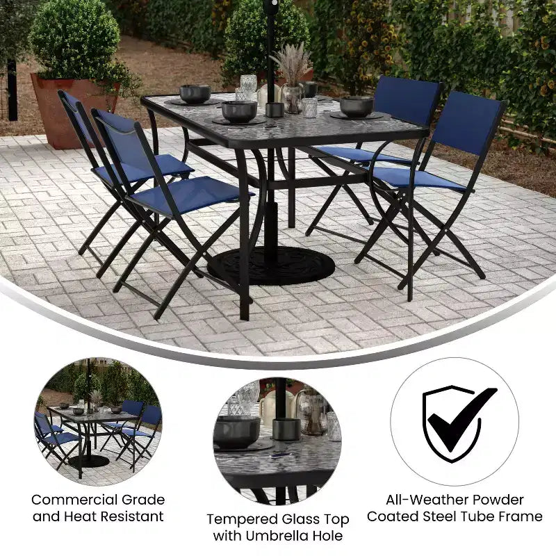 Table de patio rectangulaire avec plateau en verre trempé et