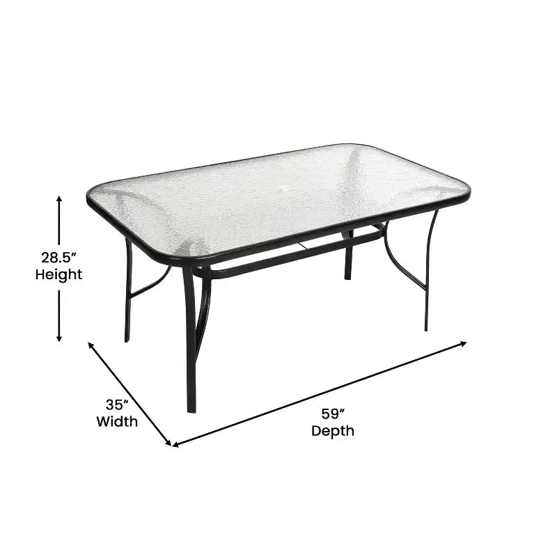 Table de patio rectangulaire avec plateau en verre trempé et